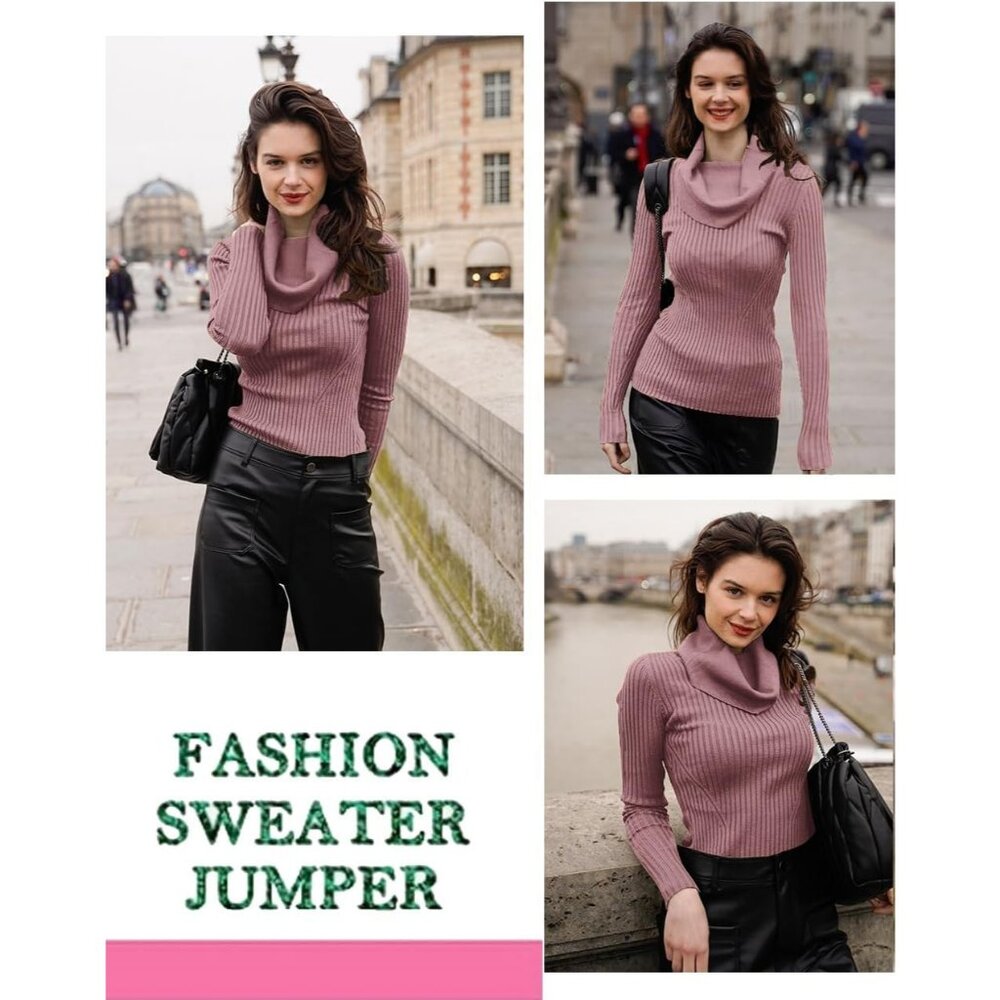 Women’s Berry Cowl Neck Knit Long Sleeve Bodycon Stretchable Slim Fit Sweater - Picture 5 of 5